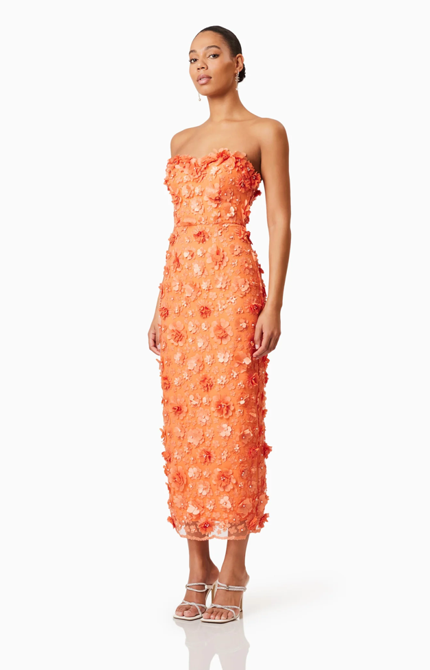 bluebell strapless 3d midi dress in orange Elliatt Bluebell High Neck Trapeze Dress in Orange