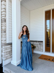 Florence Twist Front Bodice Plisse Maxi Dress in Slate | Lulus