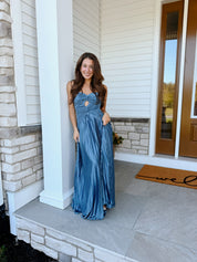 Florence Twist Front Bodice Plisse Maxi Dress in Slate | Lulus