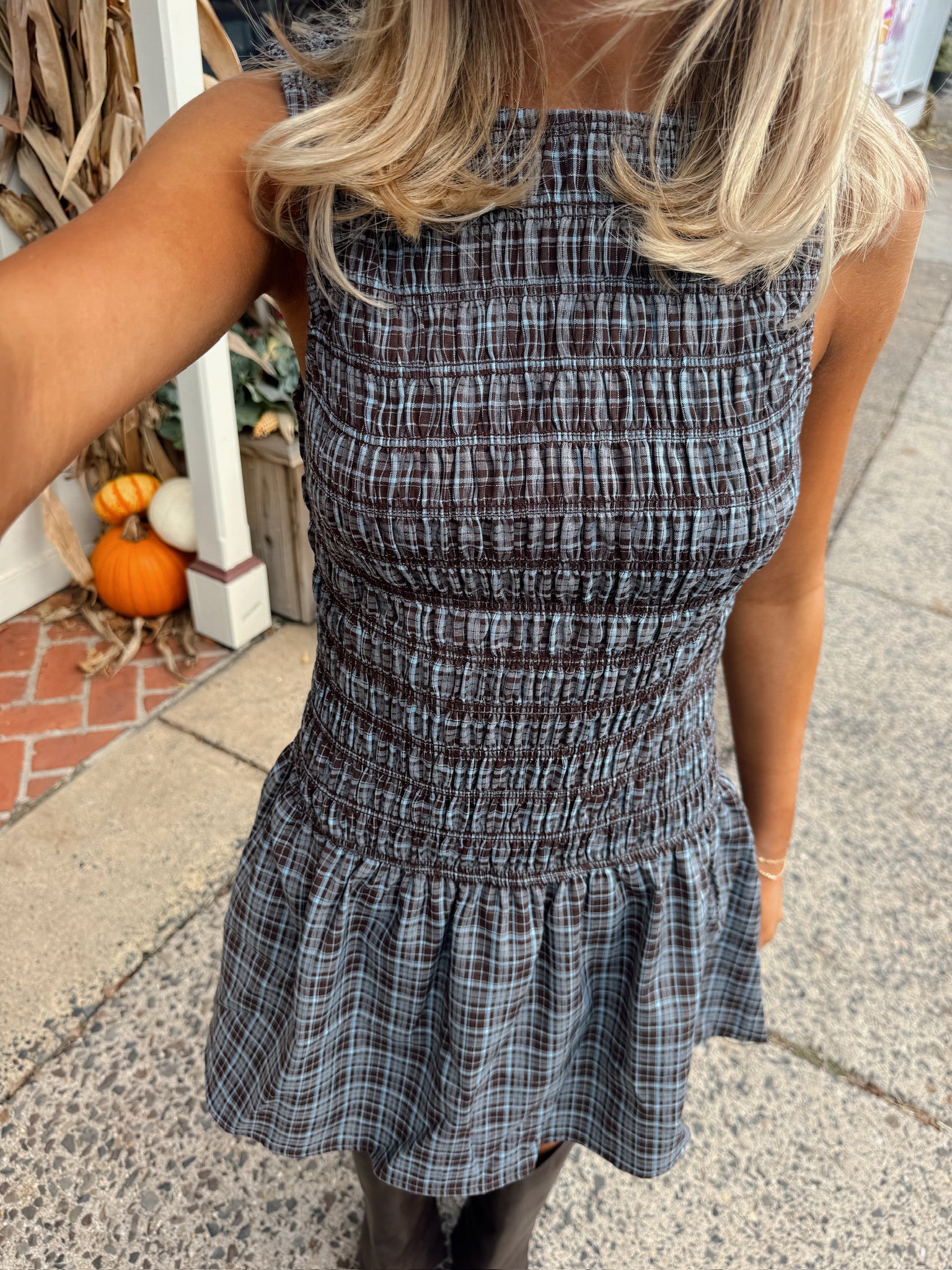 Bethany Smocked Romper Brown/Blue Plaid