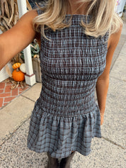 Bethany Smocked Romper Brown/Blue Plaid