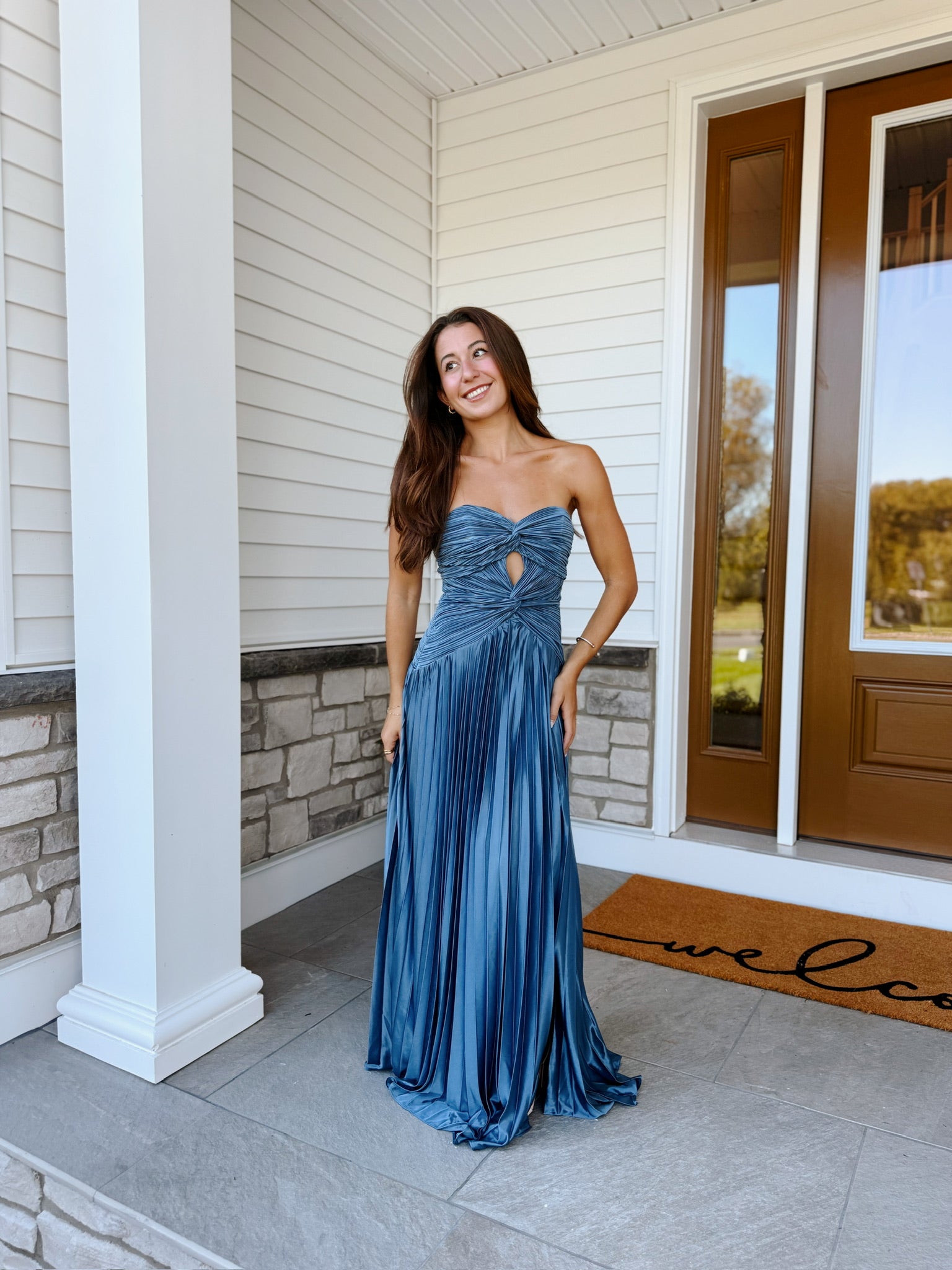 Florence Twist Front Bodice Plisse Maxi Dress in Slate | Lulus