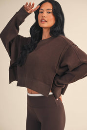 Waffle Knit Oversized Long Sleeve Top: Dark Chocolate