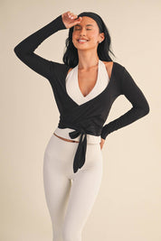 Long Sleeve V Neck Wrap Top: White