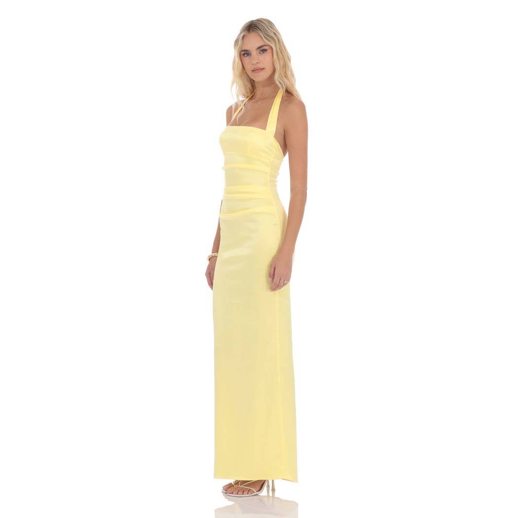 Satin Halter Maxi Dress in Yellow