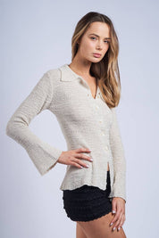Collared Knit Sweater Cardigan in Sand