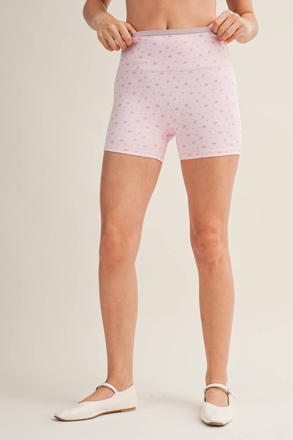 Ditsy Print Contrast Binding Biker Shorts Pink