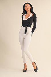 Long Sleeve V Neck Wrap Top: White