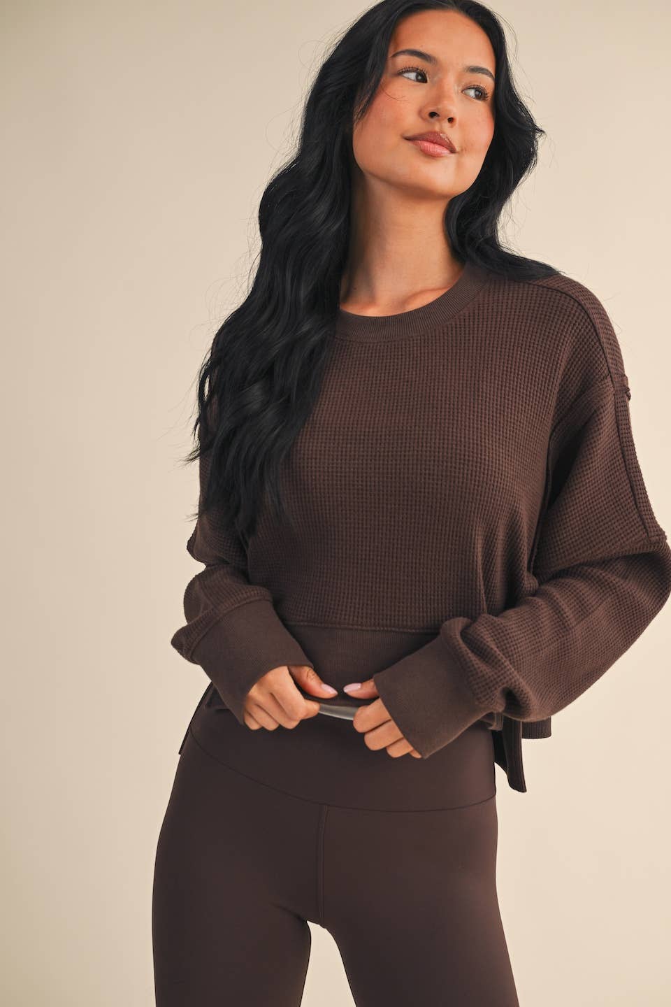 Waffle Knit Oversized Long Sleeve Top: Dark Chocolate