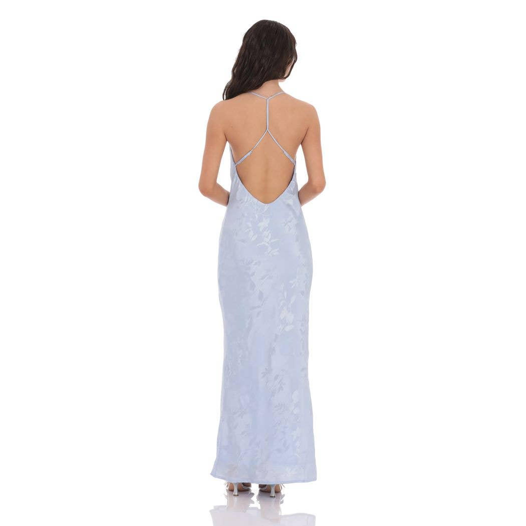Floral Jacqaurd Cowl Neck Maxi Dress in Light Blue