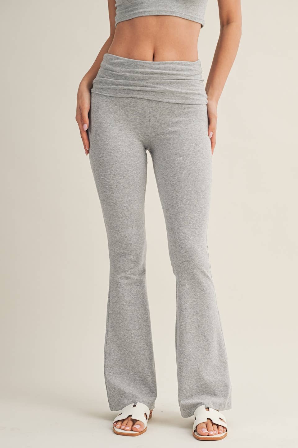Soft Heathered Knit Foldover Flare Pants: Heather Grey