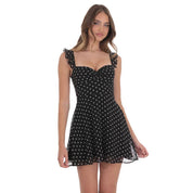 Polka Dot Ruffle Strap A-Line Dress in Black