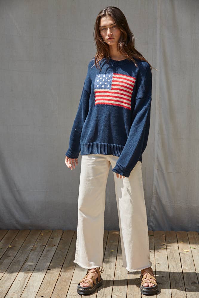 Slouchy Knit Sweater American Flag Pullover Top: Navy