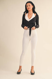 Long Sleeve V Neck Wrap Top: White