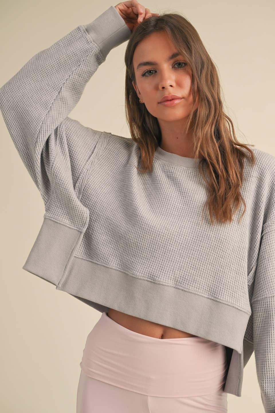 Waffle Knit Oversized Long Sleeve Top: Dark Chocolate