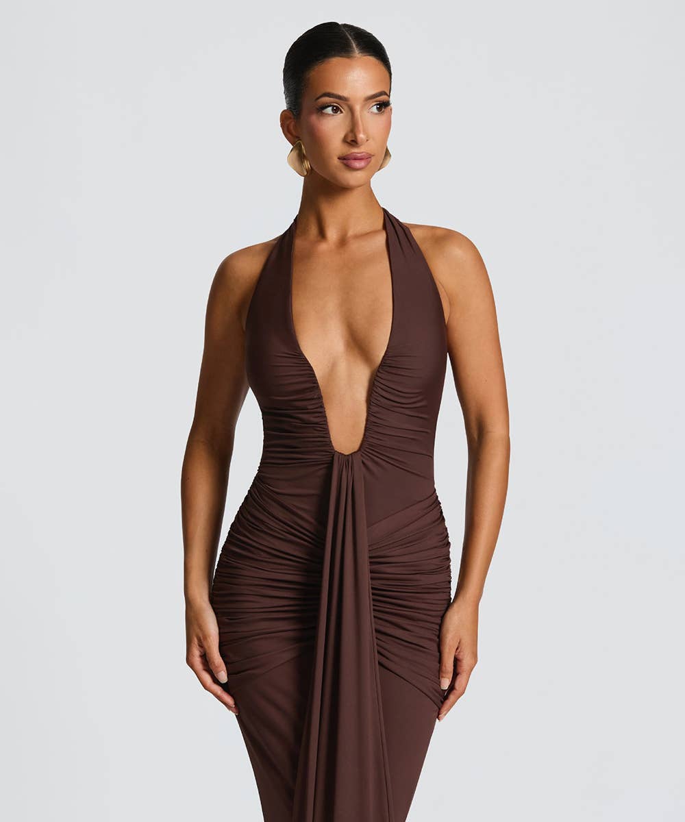 Ruched Plunge Halter Maxi Dress with Side Ruched Details: Brown