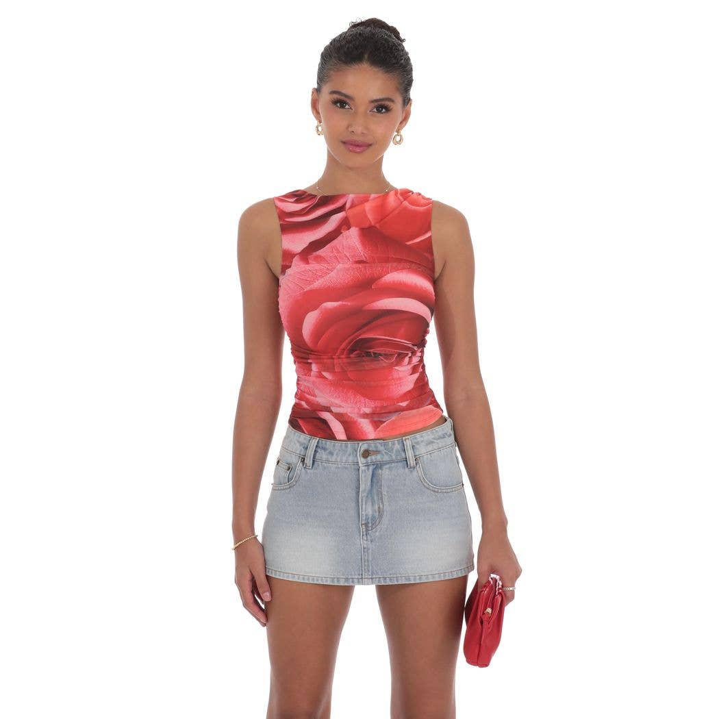 Mesh Rose High Neck Top in Red