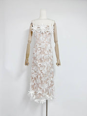 Elegant Summer Mesh 3D Embroidery Tube Top Dress in White