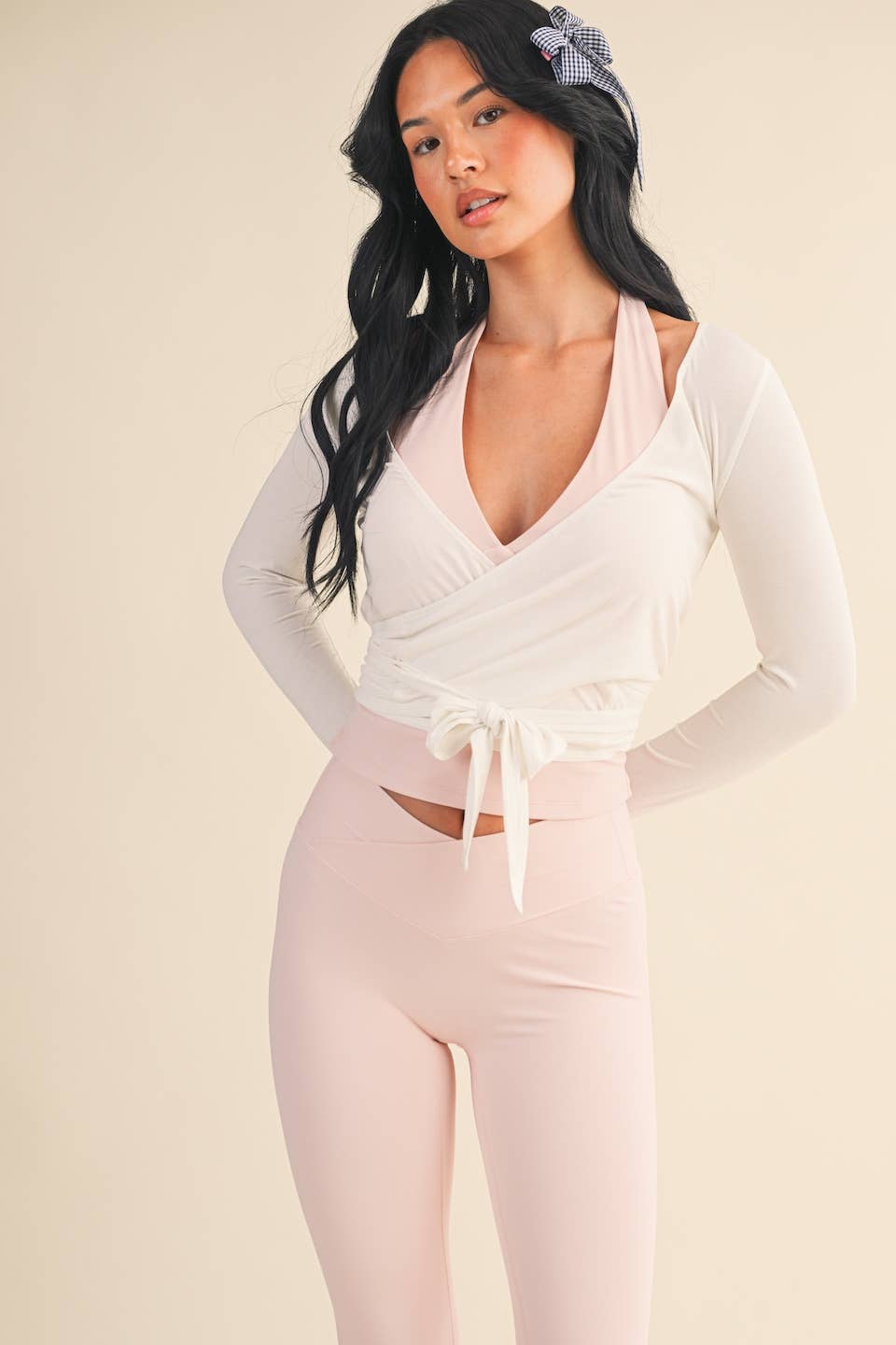 Long Sleeve V Neck Wrap Top: White