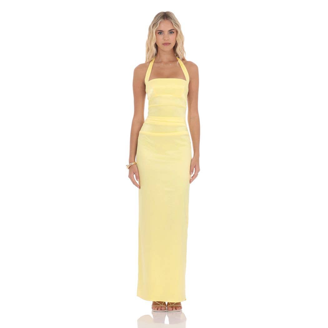 Satin Halter Maxi Dress in Yellow