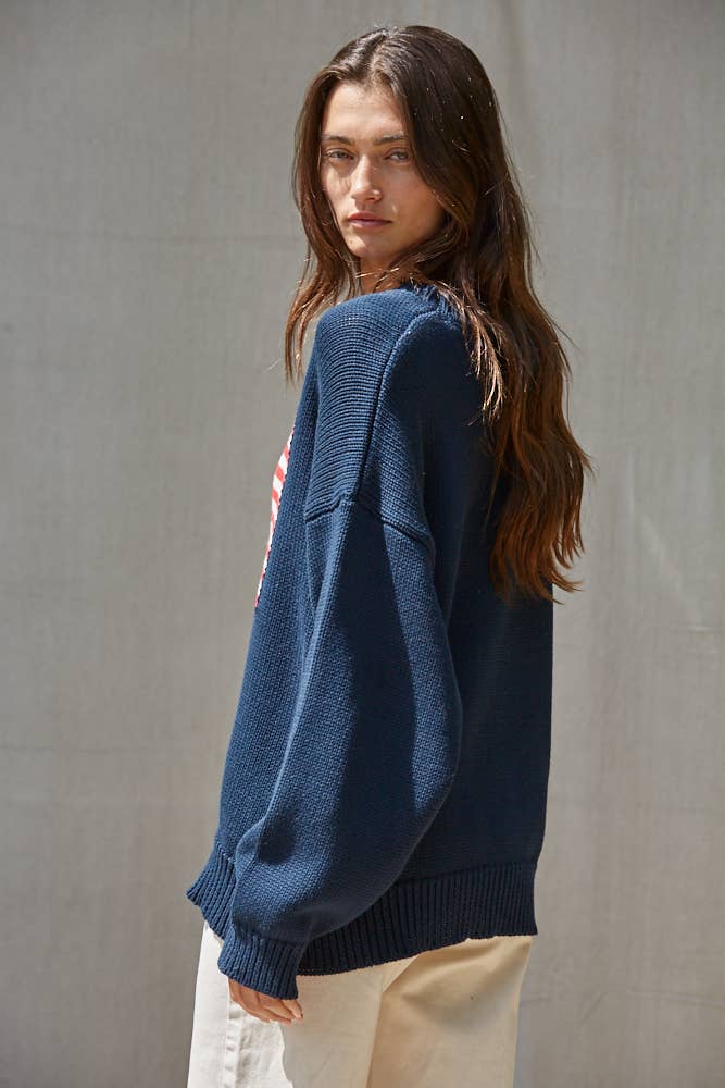 Slouchy Knit Sweater American Flag Pullover Top: Navy