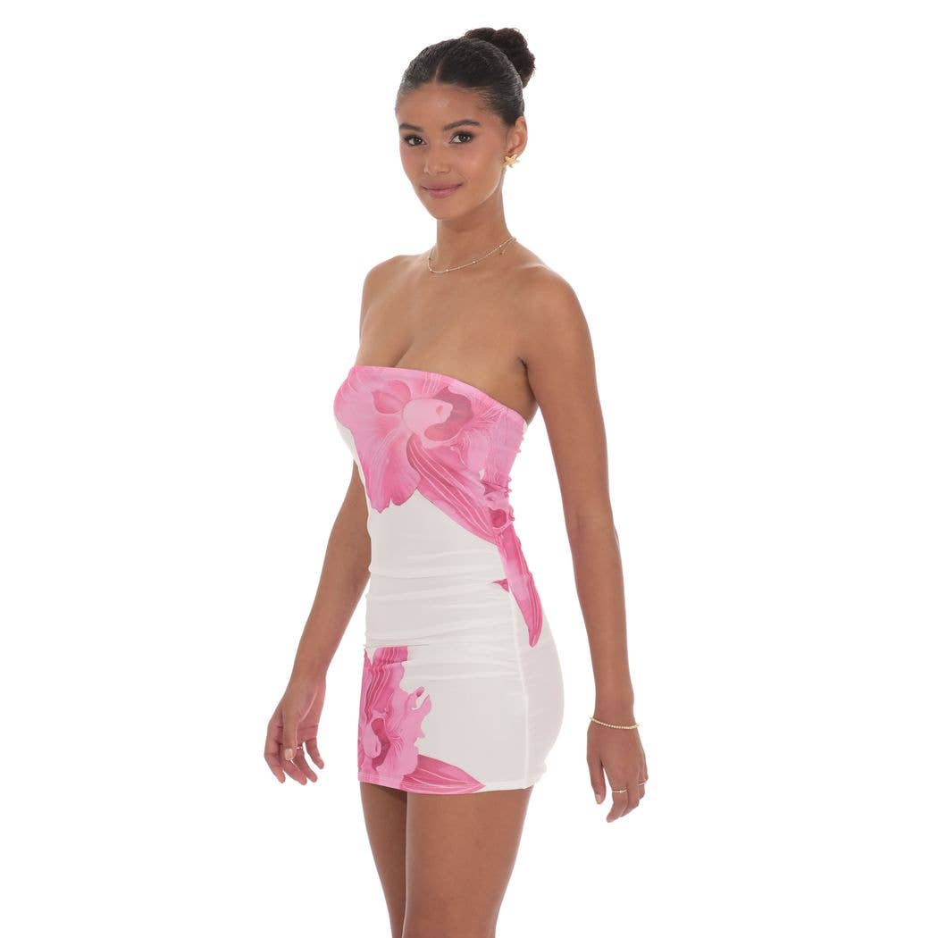 Floral Mesh Strapless Bodycon Dress in White