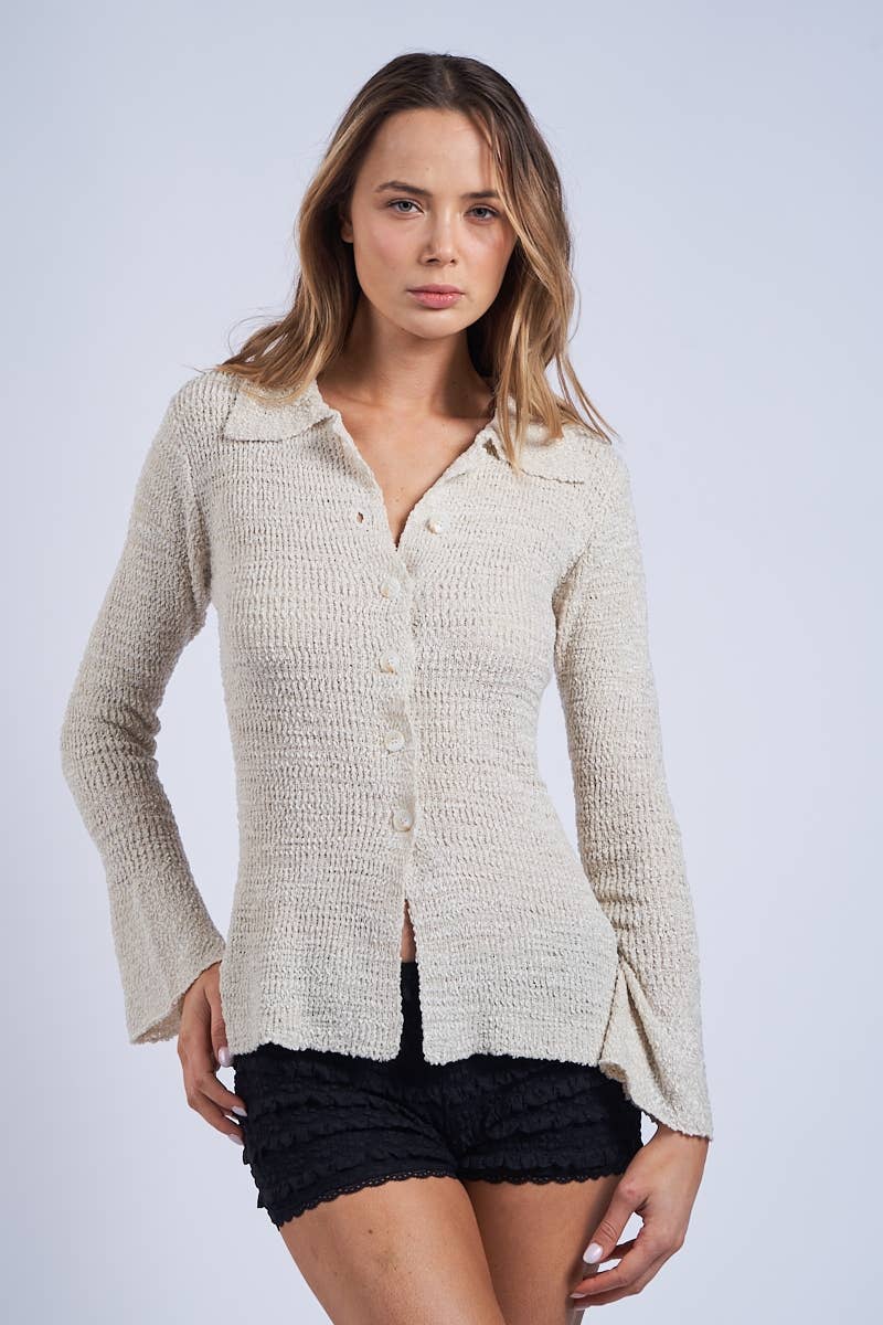Collared Knit Sweater Cardigan in Sand