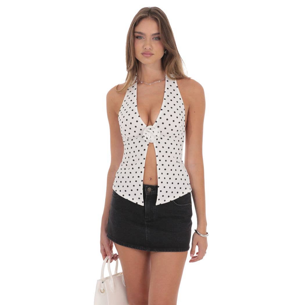 Polka Dot Flower Plunge Neck Top in White