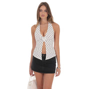 Polka Dot Flower Plunge Neck Top in White