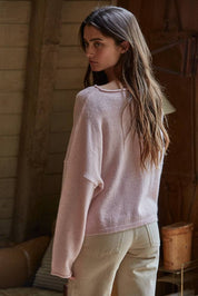 Abbie Knit Sweater Rolled Round Neck Pullover Top: Baby Pink