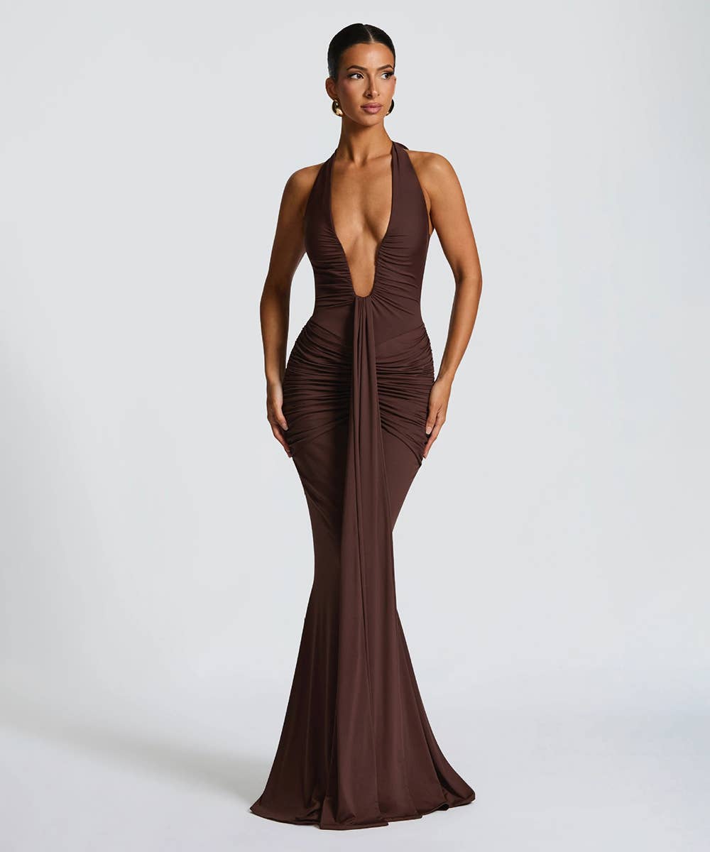 Ruched Plunge Halter Maxi Dress with Side Ruched Details: Brown