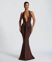 Ruched Plunge Halter Maxi Dress with Side Ruched Details: Brown
