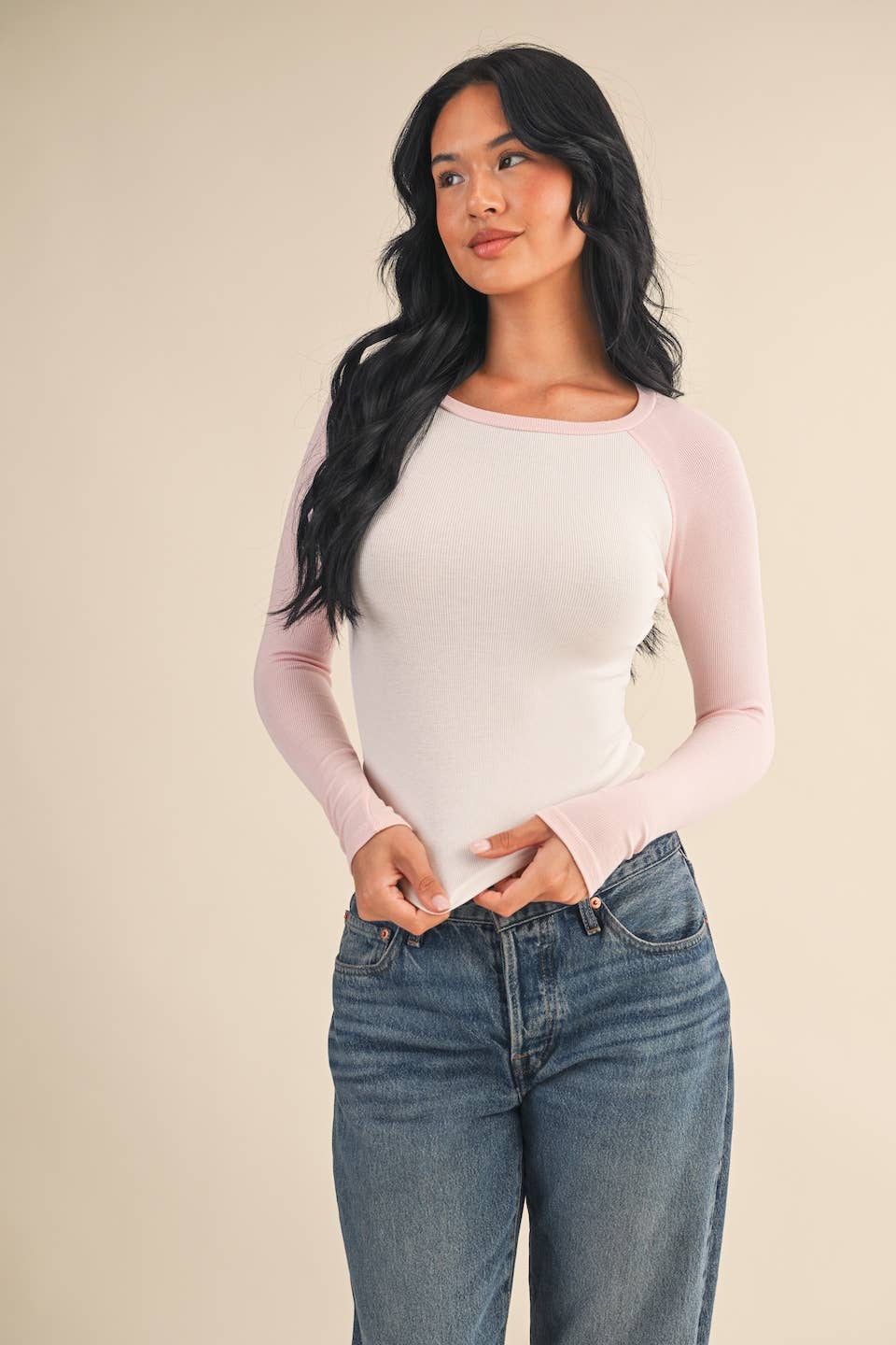 Y2K Raglan Long Sleeve Tee: Pink