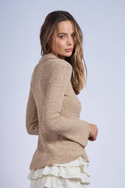 Collared Knit Sweater Cardigan in Sand