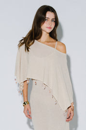 Beaded Lurex Poncho: Cream
