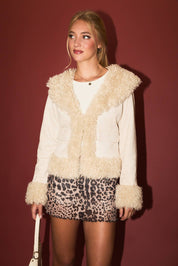 FAUX FUR TRIMMED SUEDE JACKET: Beige