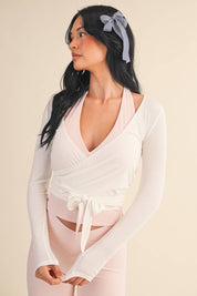 Long Sleeve V Neck Wrap Top: White