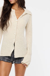 Collared Knit Sweater Cardigan in Sand