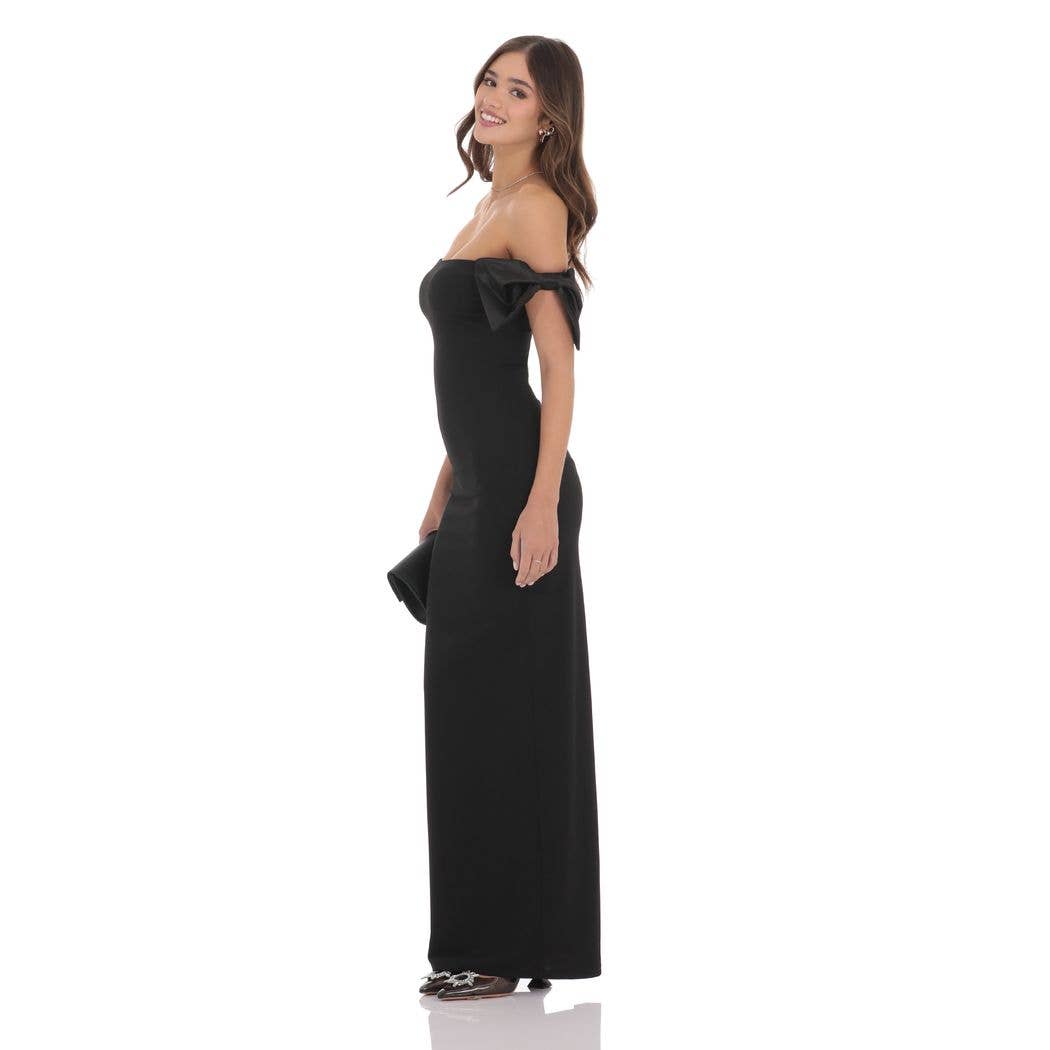 Off Shoulder Bow Sleeve Maxi Dress in Black