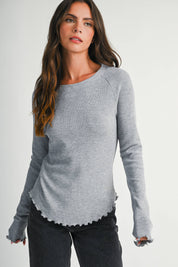 Thermal Knit Lettuce Edge Long Sleeve Top in Heather Grey