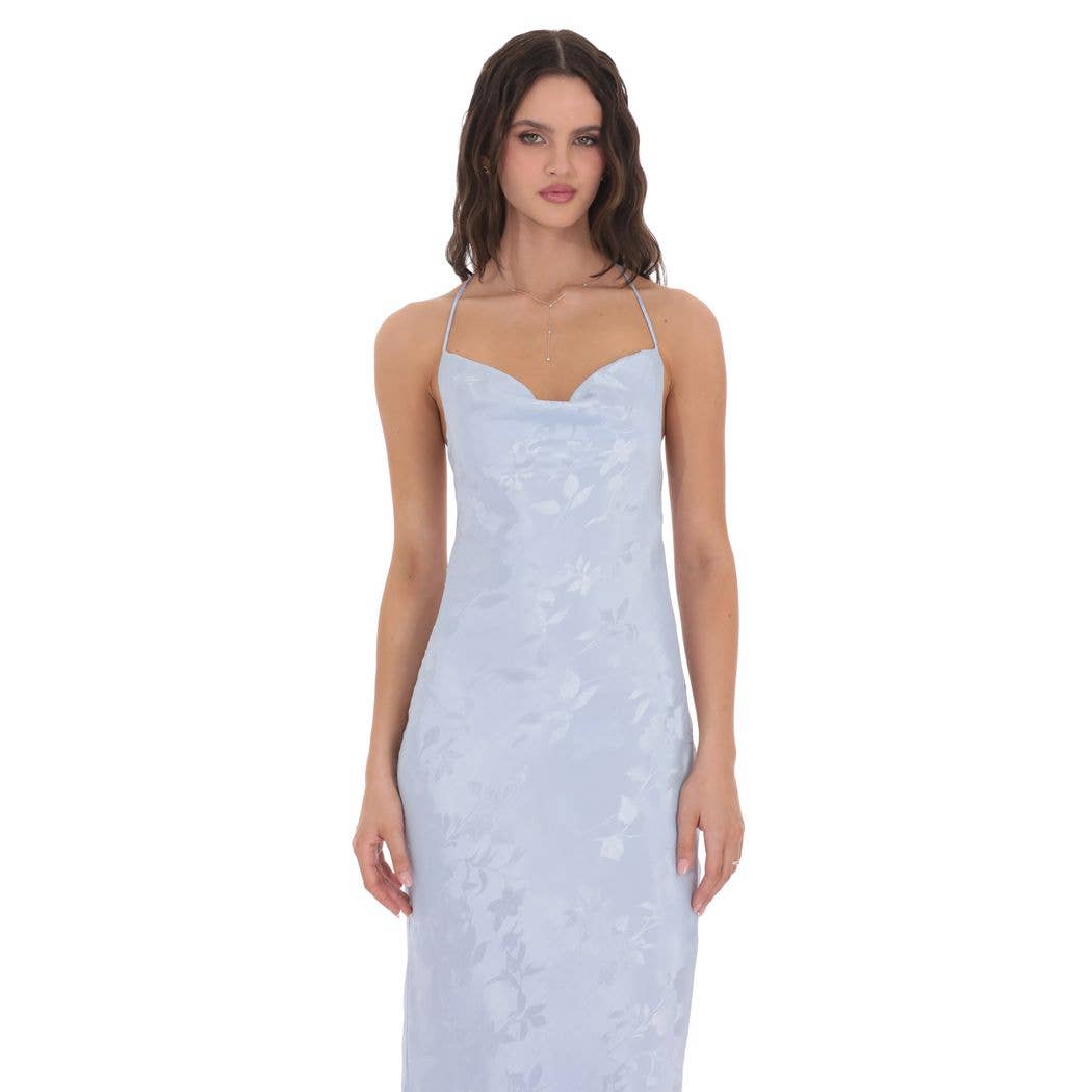 Floral Jacqaurd Cowl Neck Maxi Dress in Light Blue