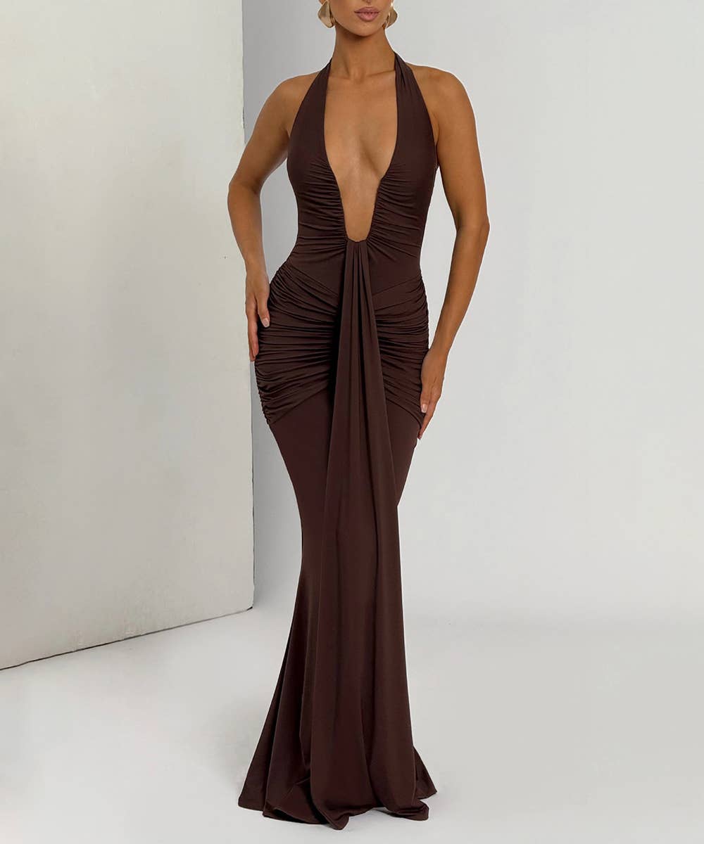 Ruched Plunge Halter Maxi Dress with Side Ruched Details: Brown