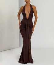Ruched Plunge Halter Maxi Dress with Side Ruched Details: Brown
