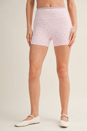 Ditsy Print Contrast Binding Biker Shorts Pink