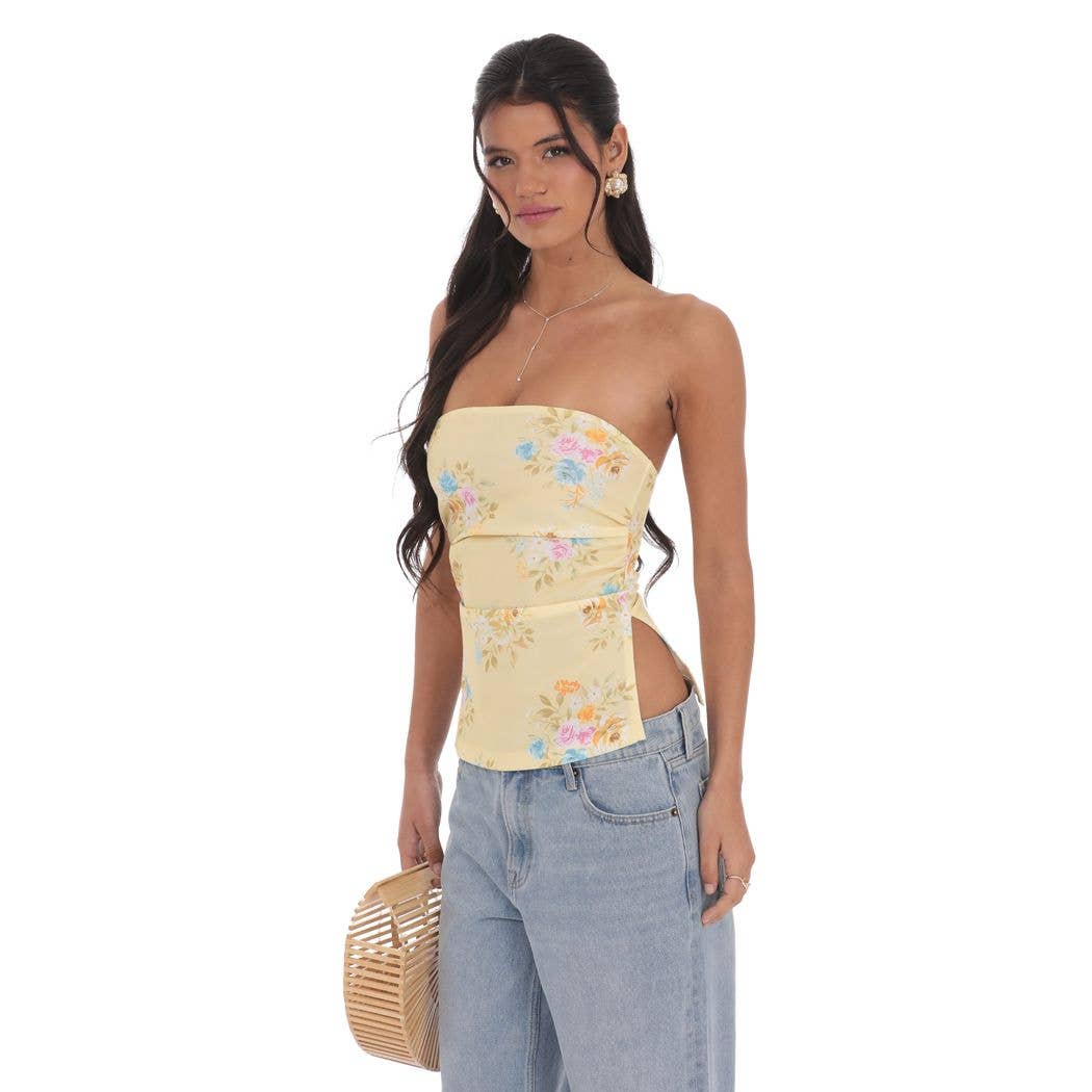 Floral Strapless Double Slit Top in Yellow