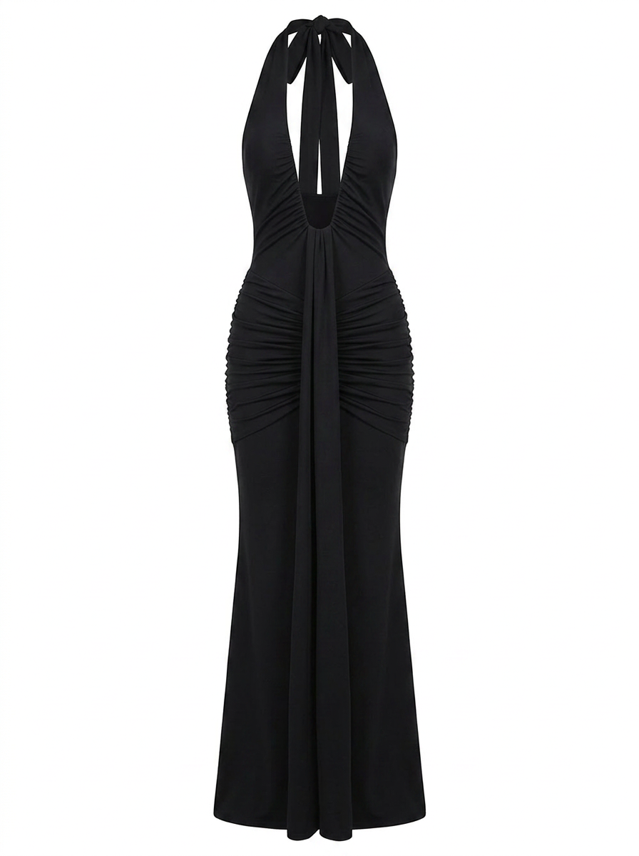 Ruched Plunge Halter Maxi Dress with Side Ruched Details: Brown