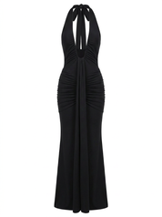 Ruched Plunge Halter Maxi Dress with Side Ruched Details: Brown