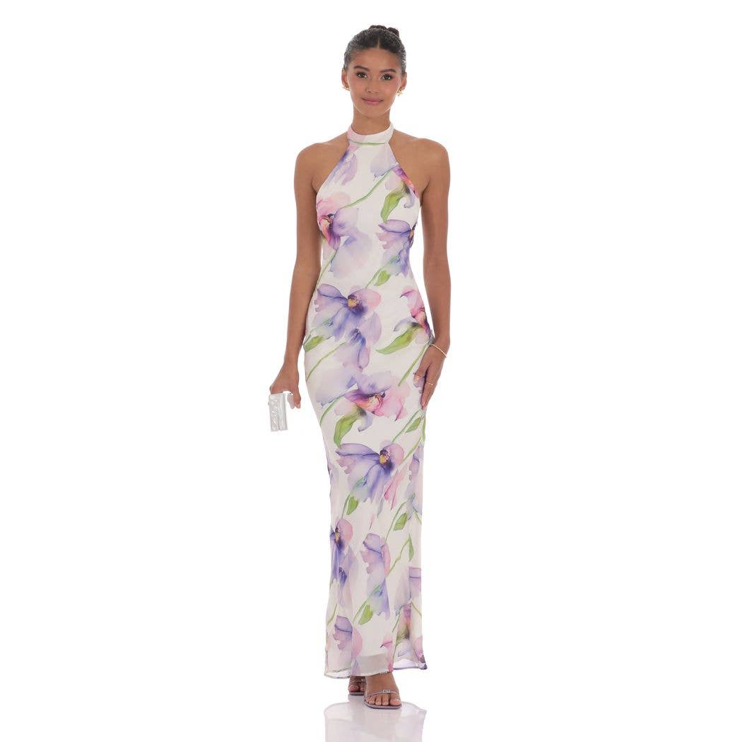 Floral Mock Neck Maxi Dress in Purple Multi