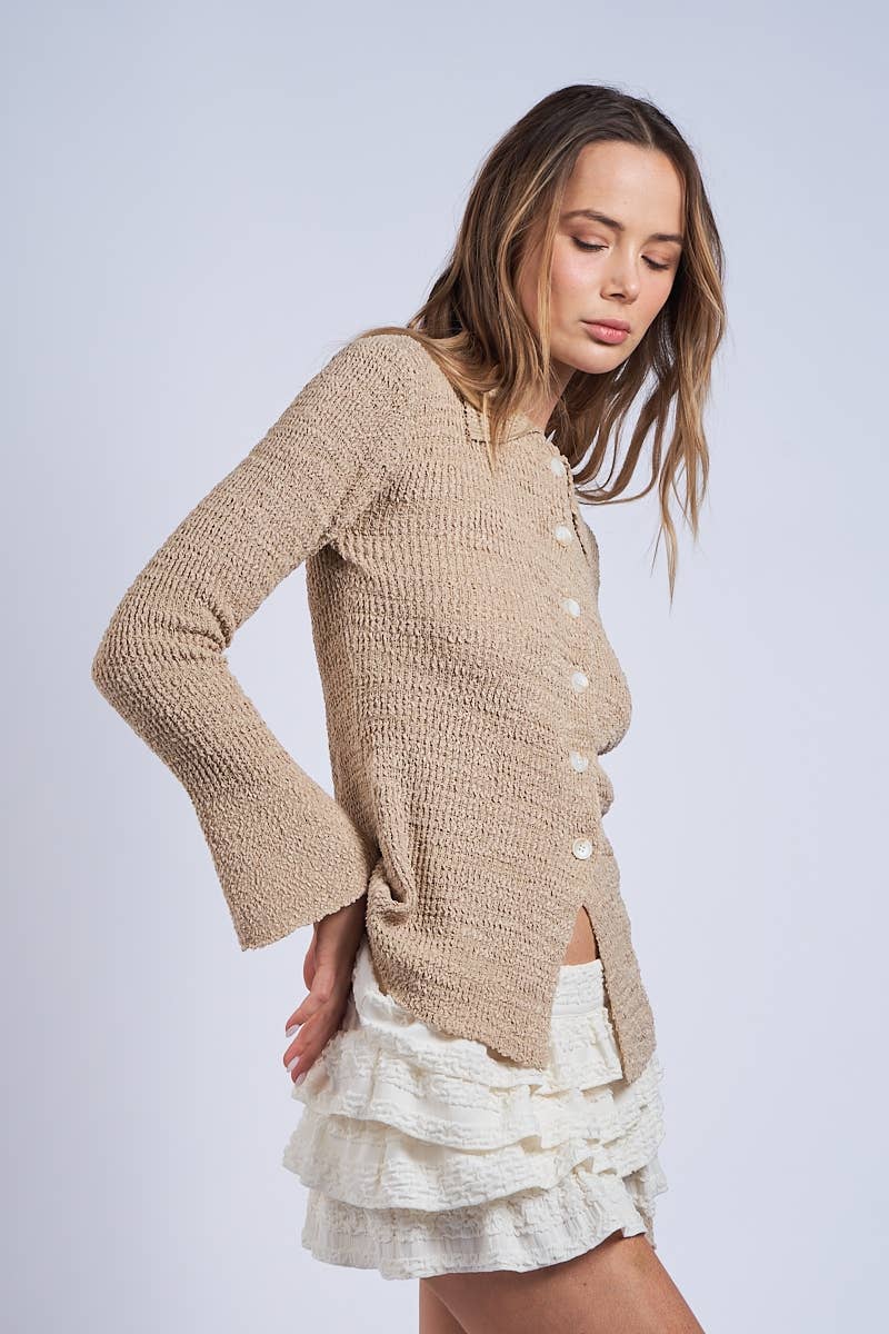 Collared Knit Sweater Cardigan in Sand