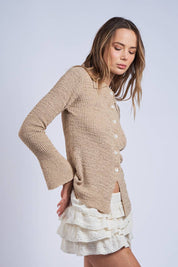 Collared Knit Sweater Cardigan in Sand